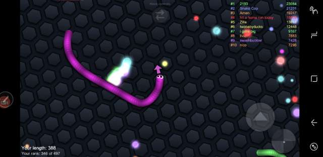 ▲ちょっと成長したヘビ。そろそろ他のヘビの消滅を狙えるかも | 『slither.io(スリザリオ)』のレビューと序盤の攻略